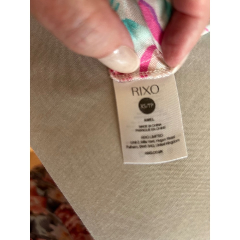 RIXO Amel Pink Teal Floral Silk Blend Kitten Bow Midi Dress Long Bell Sleeve XS - Picture 5 of 9